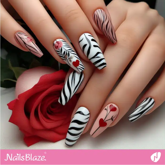 Nude and White Zebra Print Nail Design | Animal Print Nails - NB2452